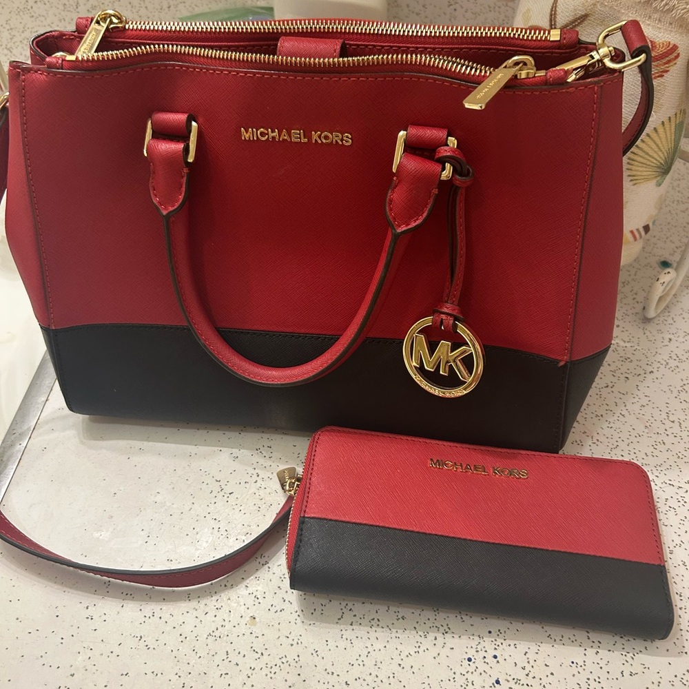Michael Kors Red and Black Satchel with Gold Hardware purse and wallet set !